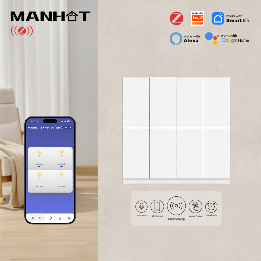 Smart Light Switch Wifi - MANHOT 6/8 Gang WiFi Zigbee Smart